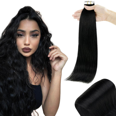 Jet Black Tape in Human Remy Hair Extensions Straight Jet Black