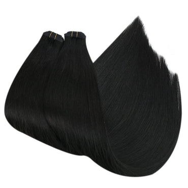 Flat Silk Weft Human Hair Bundle Extensions Full Cuticle Off Black #1B
