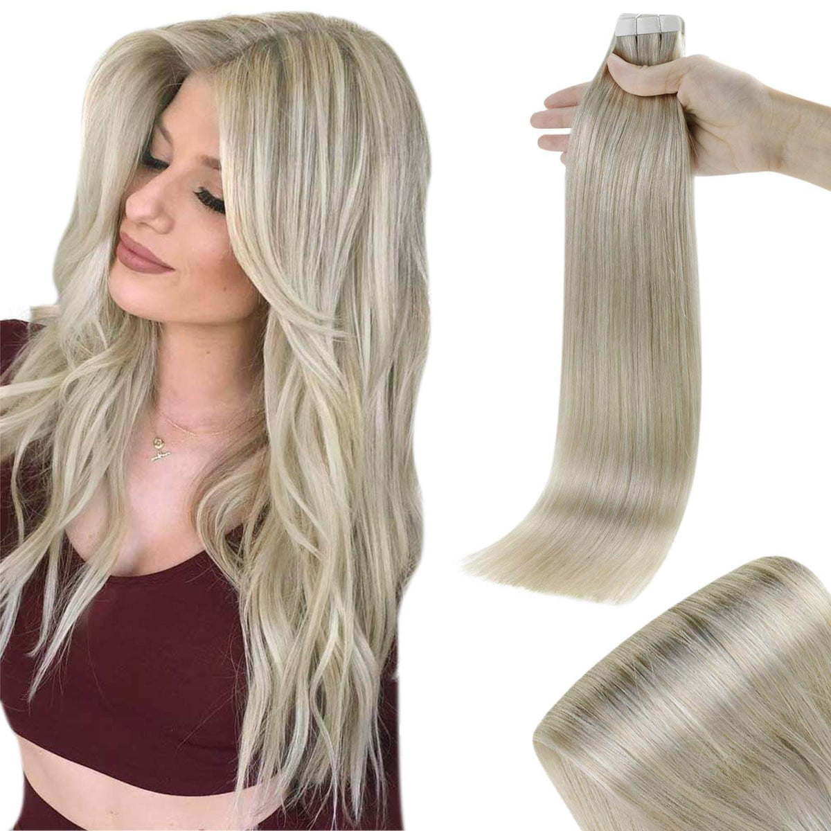 Tape in Hair Remy Hair Extensions Gray with Platinum Blonde#19AP60 ...