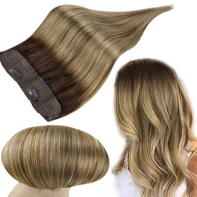 One Piece Hair Halo Weft Invisible Dark Brown with Strawberry Blonde #4/27/4