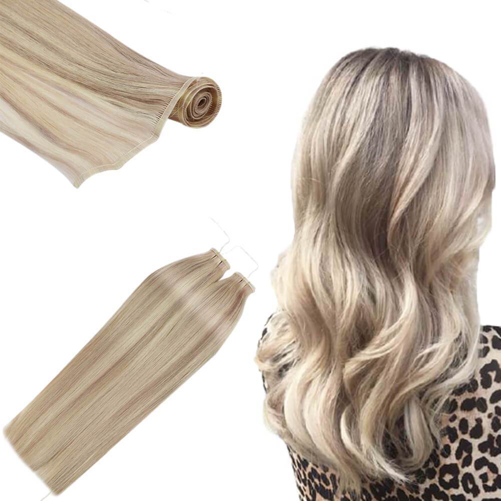 Flat Silk Weft Human Hair Bundle Extensions Highlight Blonde