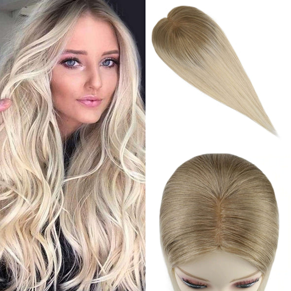 Golden Brown Fading to Bleach Blonde Hair Topper 12x6cm Base #10T613