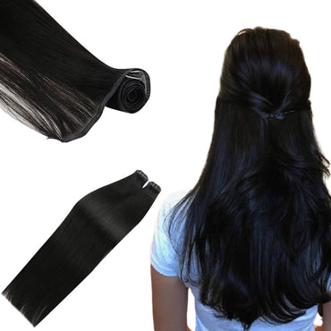 Flat Silk Weft Human Hair Bundle Extensions Full Cuticle Off Black #1B