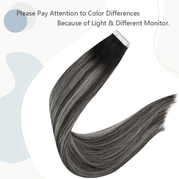 Long Tape in Human Hair Extensions Balayage Natural Black Ombre Silver